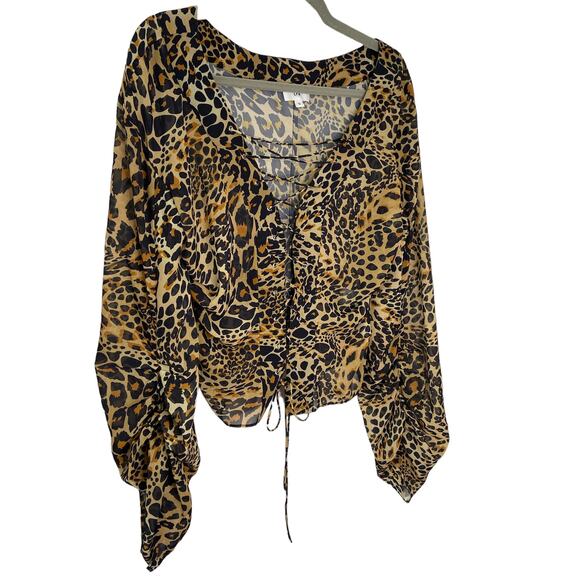 LPA Gerry Top Blouson Sleeves Lillia Leo Leopard Animal Print Party Sexy Sheer S - Picture 8 of 12